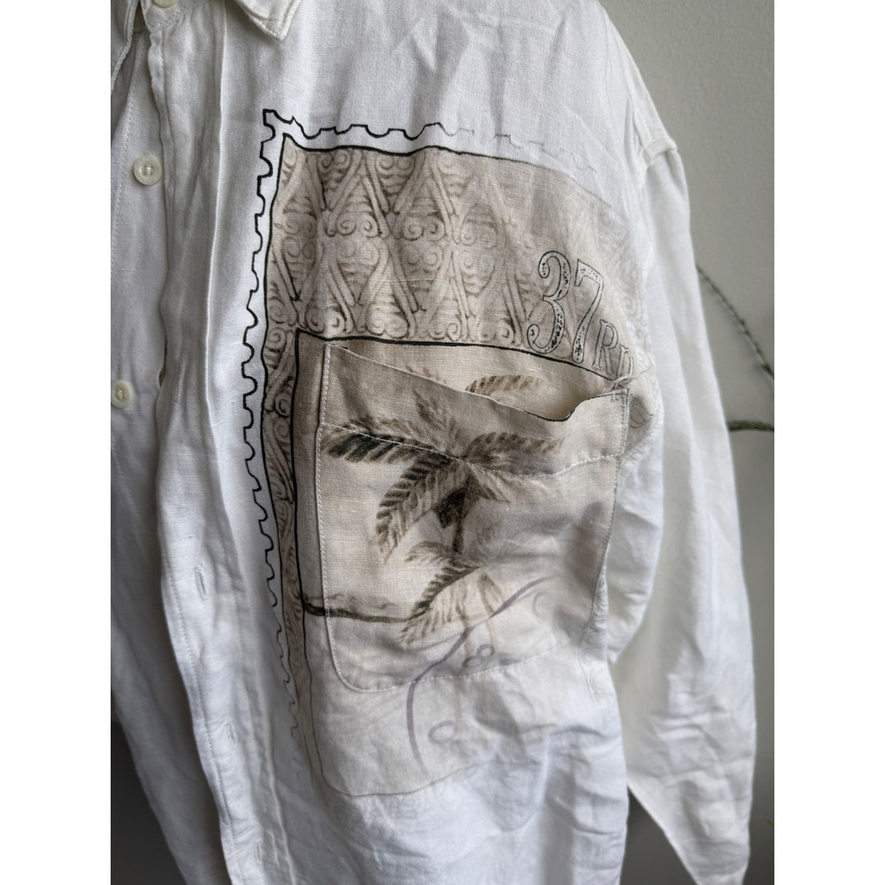 Indigo Palms Mens Large Linen Blend White Tropical Stamp Button‎ Down Shirt - Picture 3 of 7